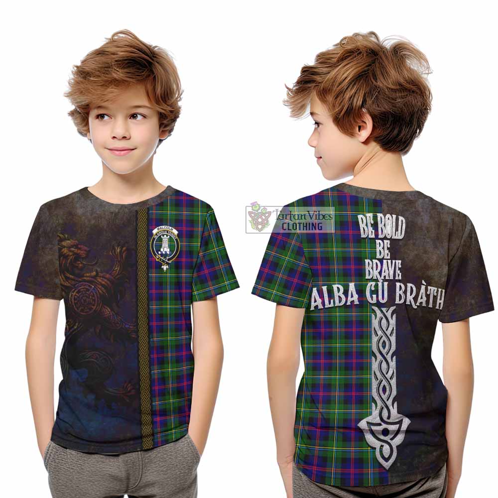 Tartan Vibes Clothing Malcolm Tartan Family Crest Kid T-Shirt Alba Gu Brath Be Brave Lion Ancient Style
