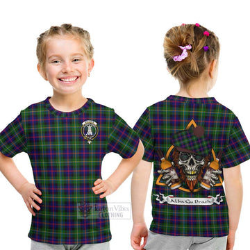Malcolm Tartan Kid T-Shirt with Family Crest and Bearded Skull Holding Bottles of Whiskey