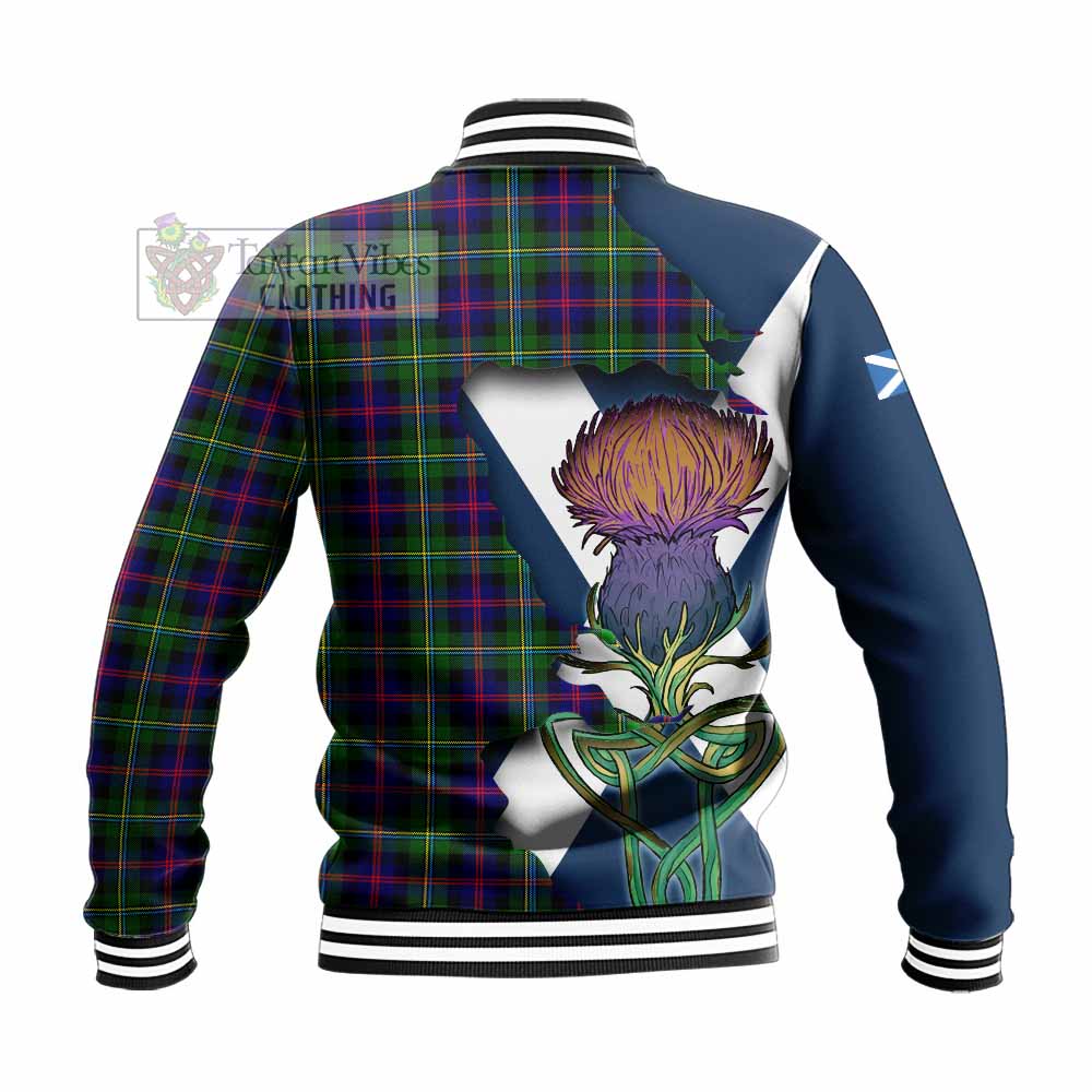 Tartan Vibes Clothing Malcolm Tartan Family Crest Baseball Jacket Scottish Thistle Celtic Inspired