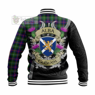 Tartan Vibes Clothing Malcolm Tartan Family Crest Baseball Jacket Lion Rampant Royal Thistle Shield Celtic Inspired