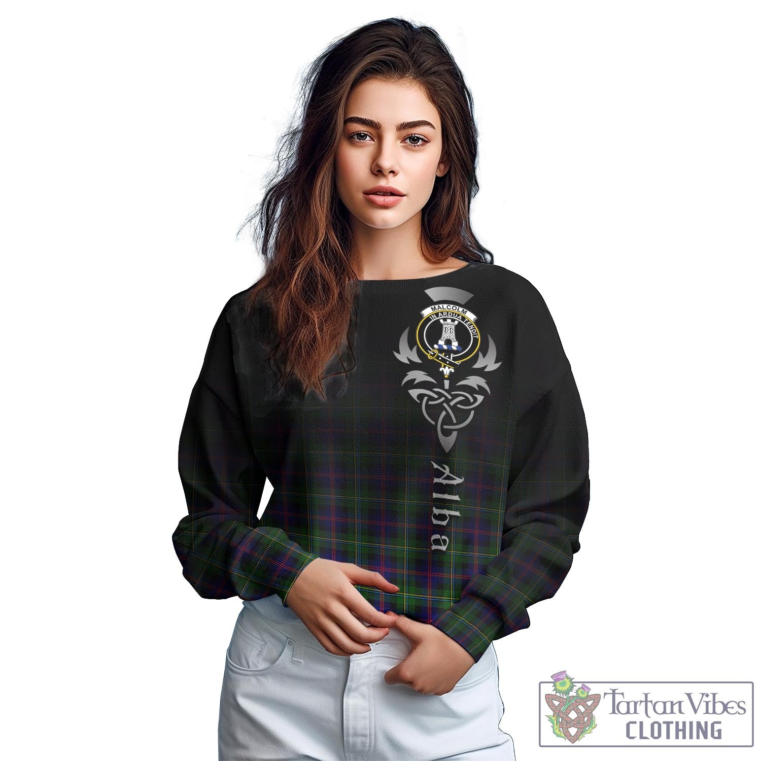 Tartan Vibes Clothing Malcolm Tartan Sweatshirt Featuring Alba Gu Brath Family Crest Celtic Inspired
