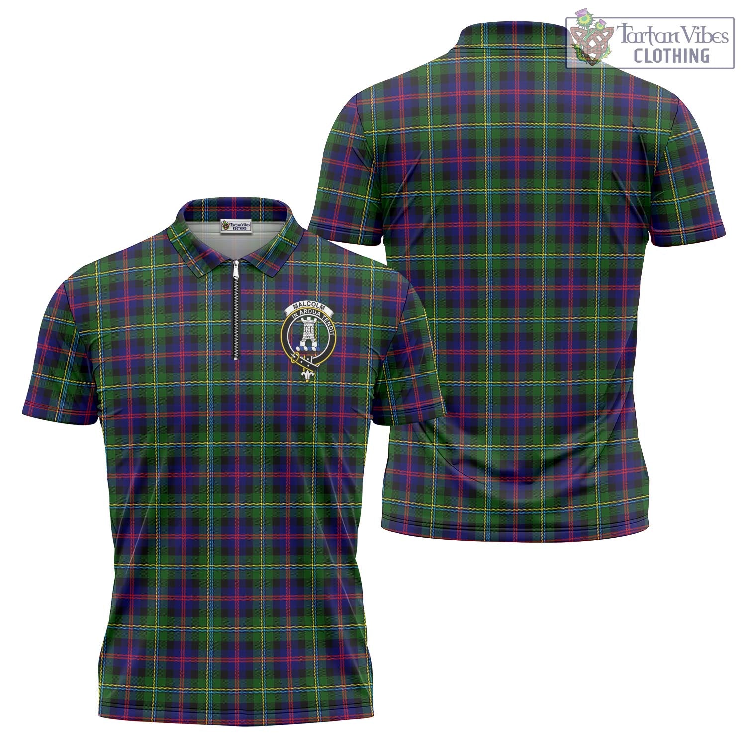 Tartan Vibes Clothing Malcolm Tartan Zipper Polo Shirt with Family Crest