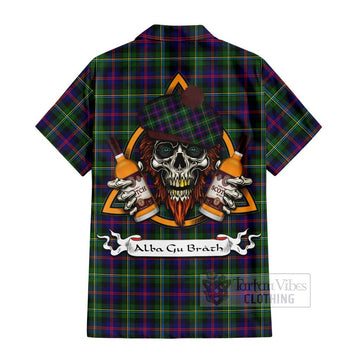 Malcolm Tartan Hawaiian Shirt with Family Crest and Bearded Skull Holding Bottles of Whiskey