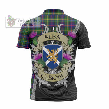 Malcolm Tartan Family Crest Zipper Polo Shirt Lion Rampant Royal Thistle Shield Celtic Inspired