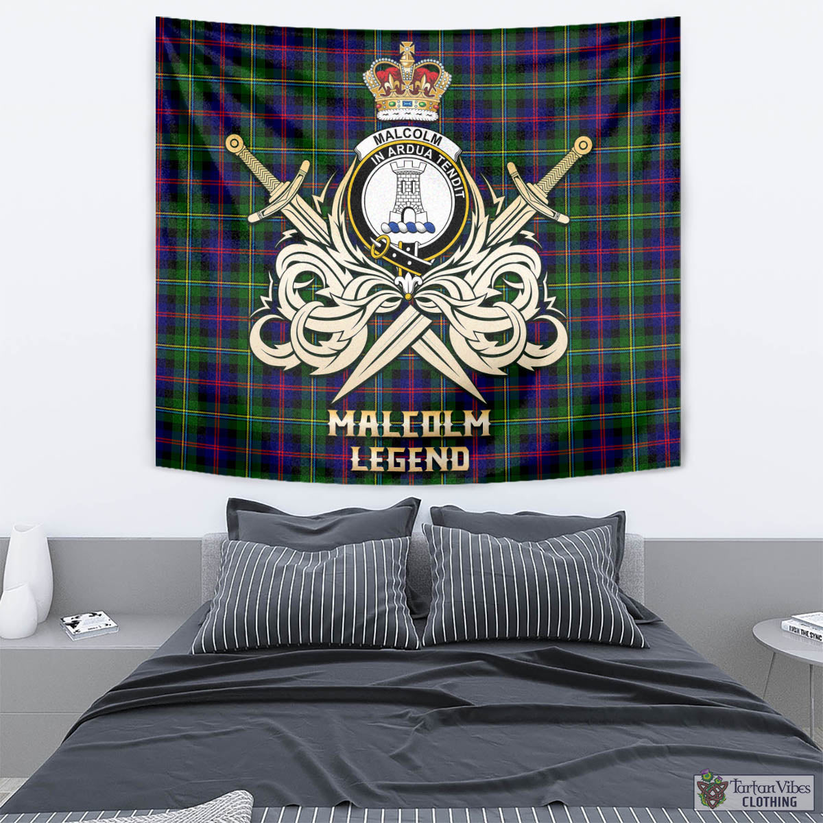 Tartan Vibes Clothing Malcolm Tartan Tapestry with Clan Crest and the Golden Sword of Courageous Legacy
