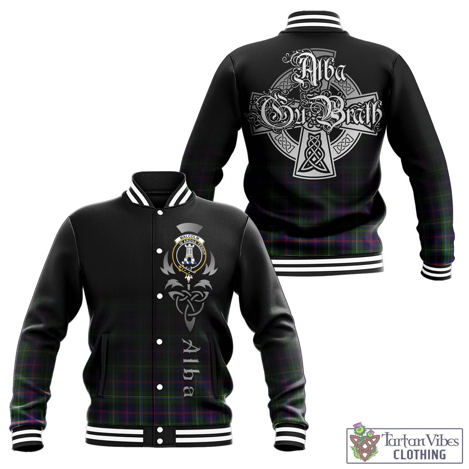 Tartan Vibes Clothing Malcolm Tartan Baseball Jacket Featuring Alba Gu Brath Family Crest Celtic Inspired