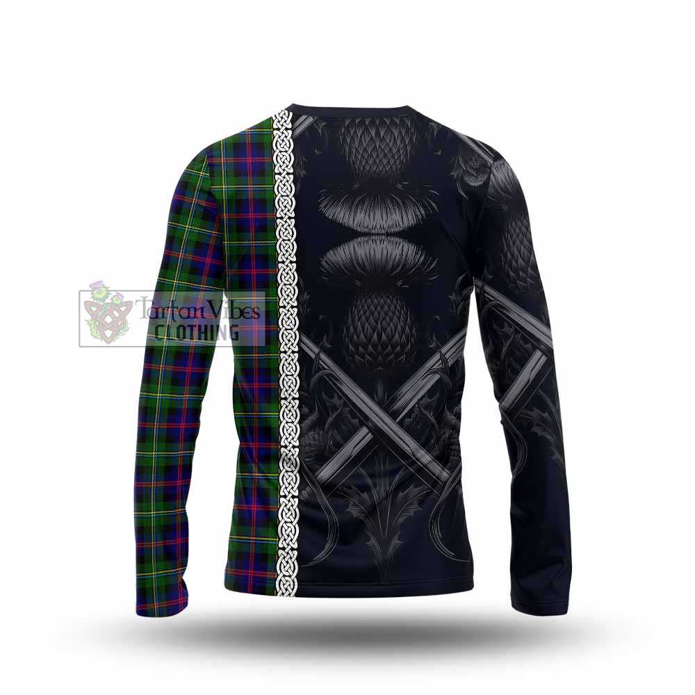 Tartan Vibes Clothing Malcolm Tartan Long Sleeve T-Shirt with Family Crest Cross Sword Thistle Celtic Vibes
