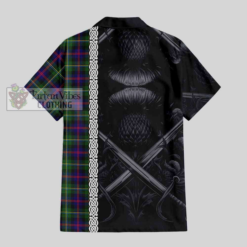 Tartan Vibes Clothing Malcolm Tartan Short Sleeve Button Shirt with Family Crest Cross Sword Thistle Celtic Vibes
