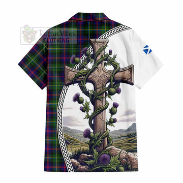 Malcolm Tartan Hawaiian Shirt with Family Crest and St. Andrew's Cross Accented by Thistle Vines