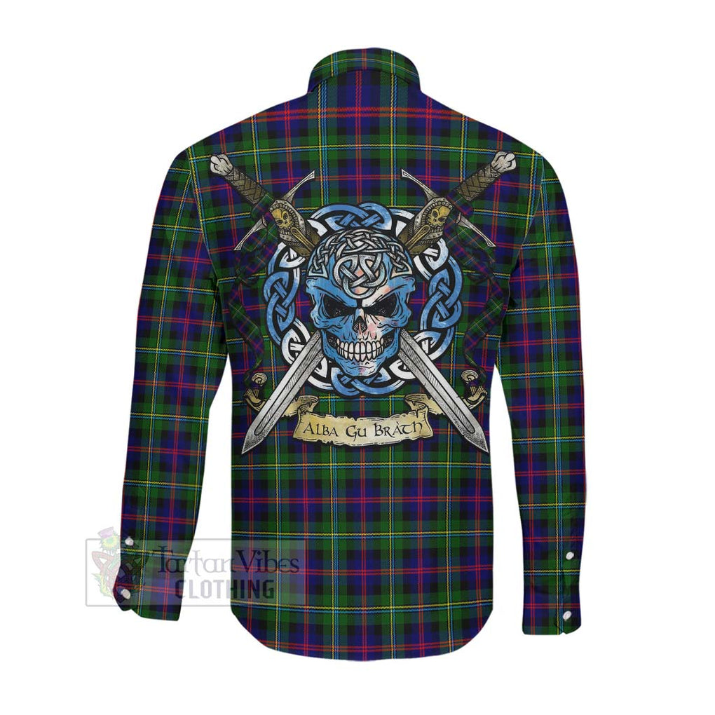 Tartan Vibes Clothing Malcolm Tartan Long Sleeve Button Shirt with Family Crest Celtic Skull Style