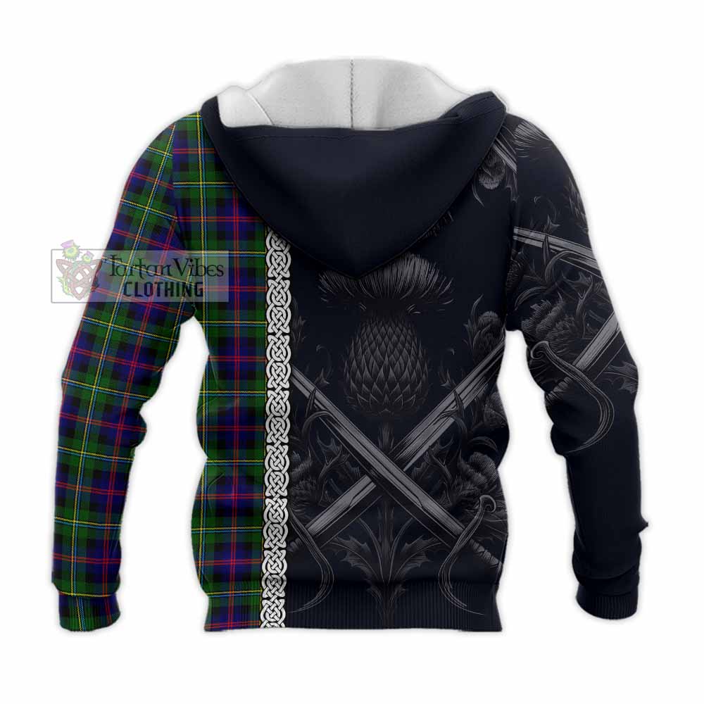 Tartan Vibes Clothing Malcolm Tartan Knitted Hoodie with Family Crest Cross Sword Thistle Celtic Vibes