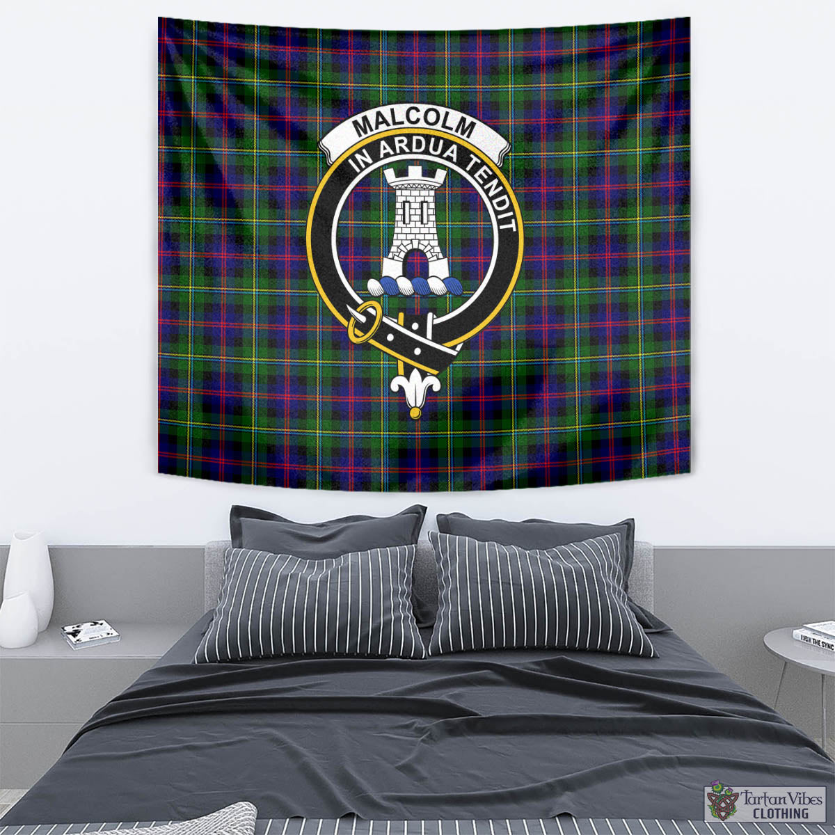 Tartan Vibes Clothing Malcolm Tartan Tapestry Wall Hanging and Home Decor for Room with Family Crest