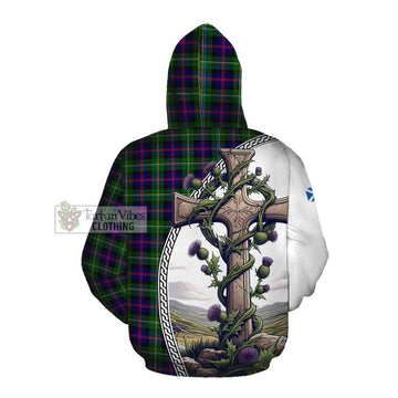 Tartan Vibes Clothing Malcolm Tartan Cotton Hoodie with Family Crest and St. Andrew's Cross Accented by Thistle Vines