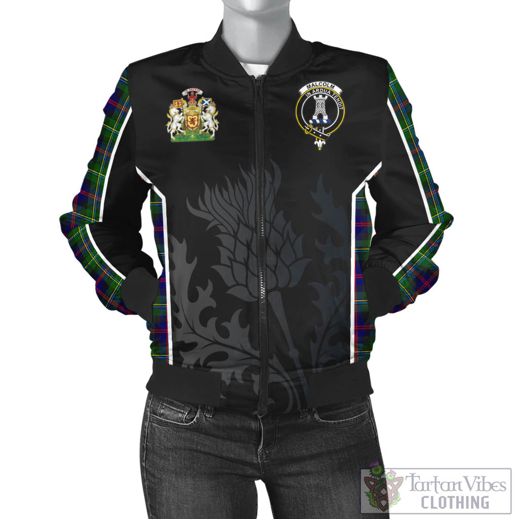 Tartan Vibes Clothing Malcolm Tartan Bomber Jacket with Family Crest and Scottish Thistle Vibes Sport Style