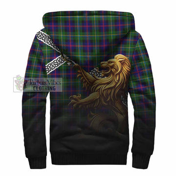 Malcolm Crest Tartan Sherpa Hoodie with Golden Lion Emblem Celtic Style