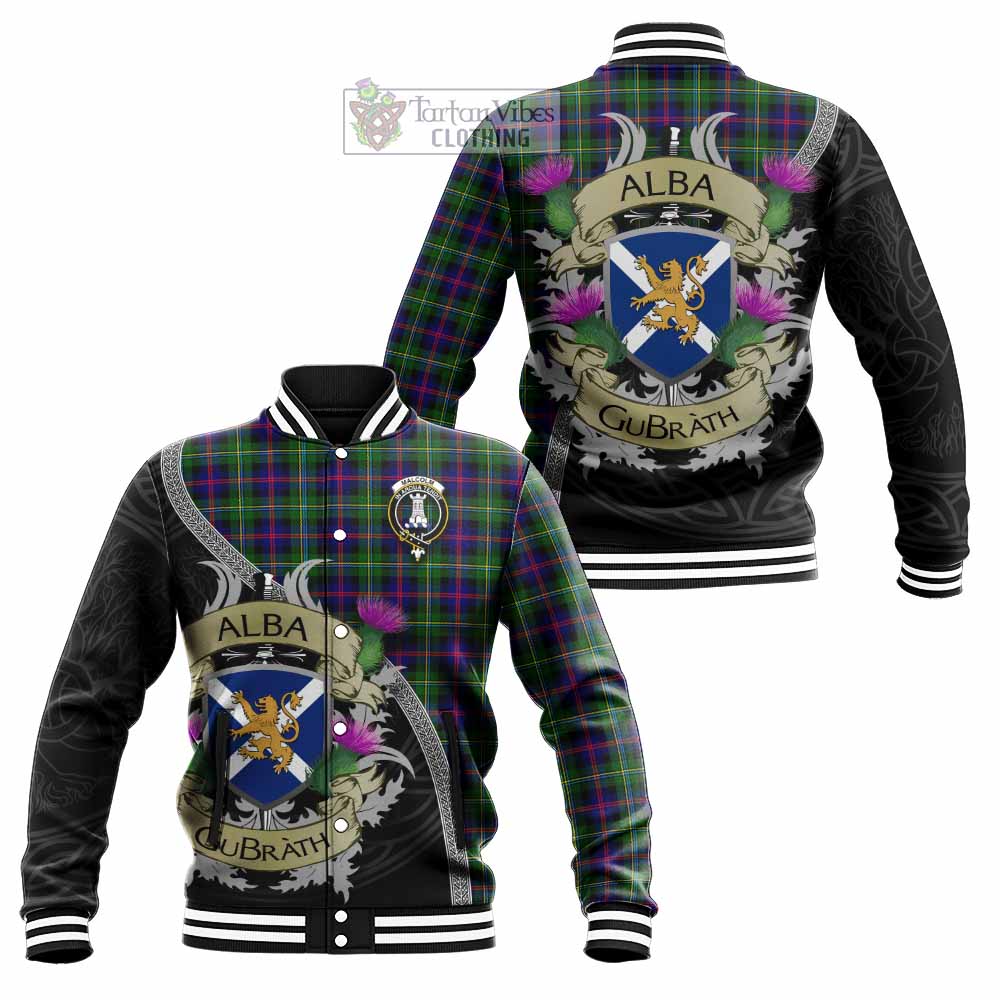 Tartan Vibes Clothing Malcolm Tartan Family Crest Baseball Jacket Lion Rampant Royal Thistle Shield Celtic Inspired
