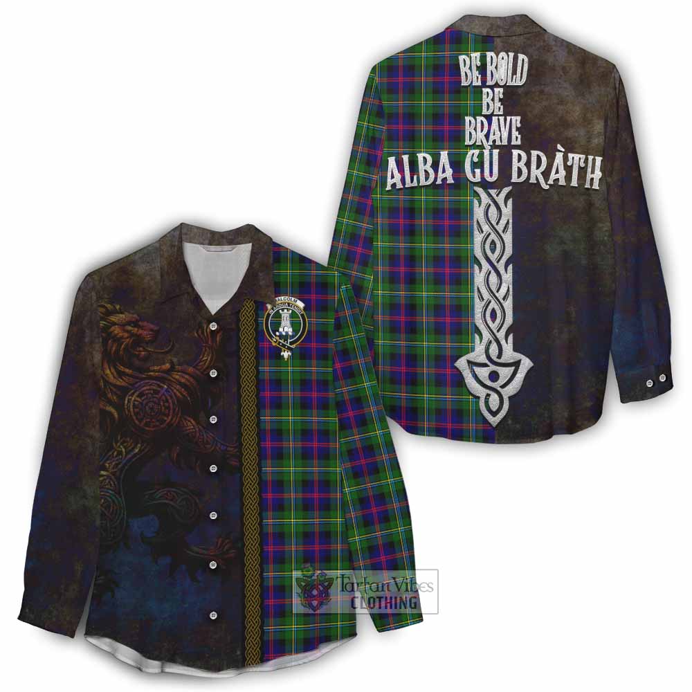 Tartan Vibes Clothing Malcolm Tartan Family Crest Women's Casual Shirt Alba Gu Brath Be Brave Lion Ancient Style