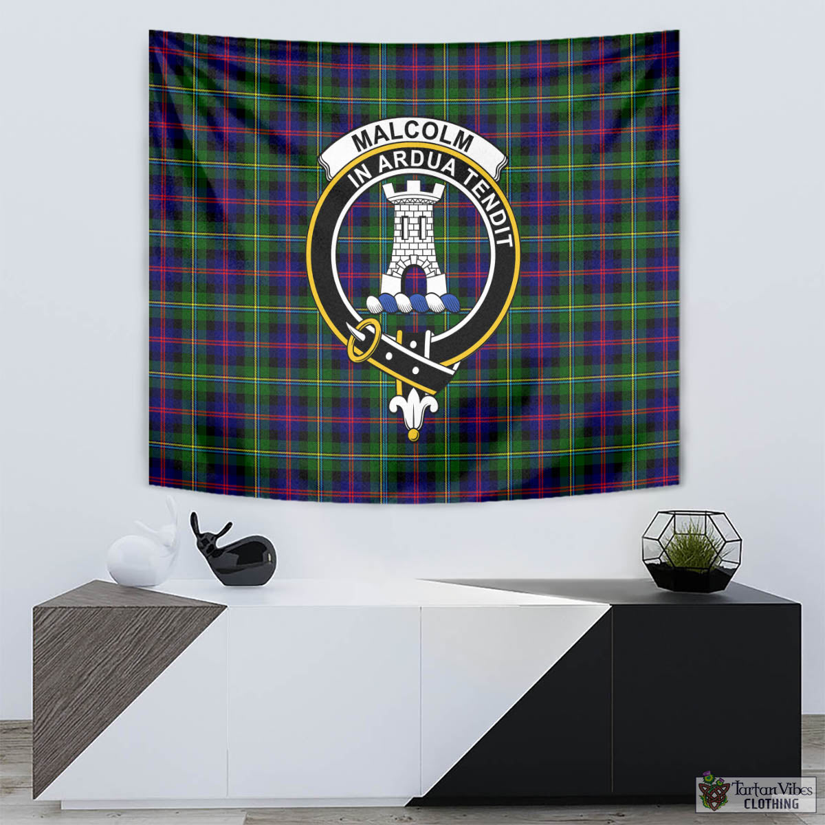 Tartan Vibes Clothing Malcolm Tartan Tapestry Wall Hanging and Home Decor for Room with Family Crest