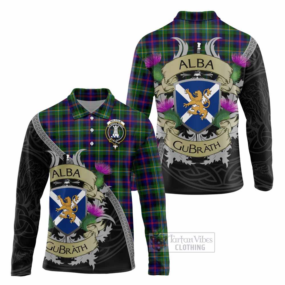 Tartan Vibes Clothing Malcolm Tartan Family Crest Long Sleeve Polo Shirt Lion Rampant Royal Thistle Shield Celtic Inspired