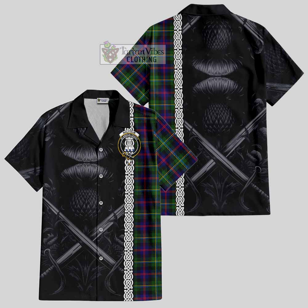 Tartan Vibes Clothing Malcolm Tartan Short Sleeve Button Shirt with Family Crest Cross Sword Thistle Celtic Vibes