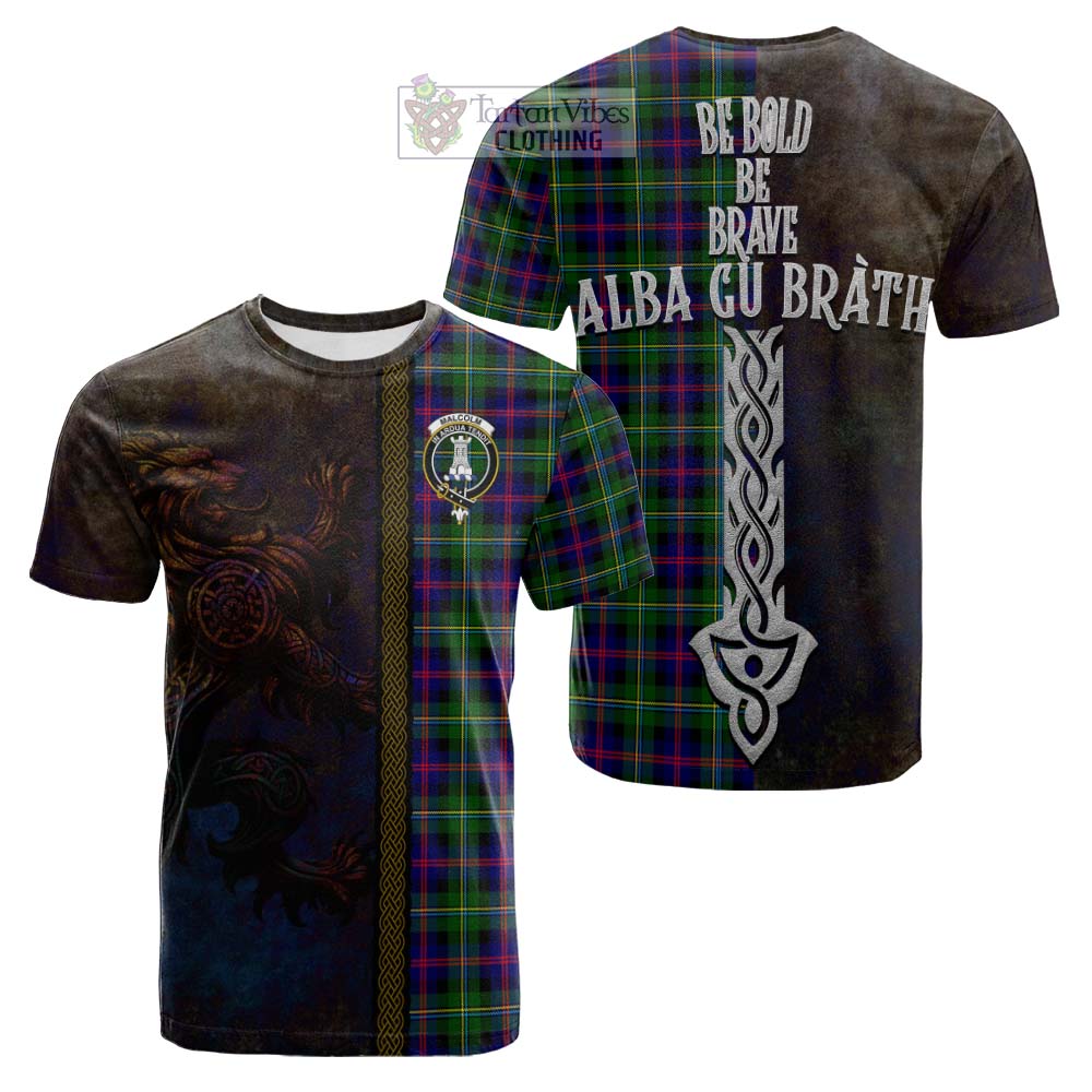 Tartan Vibes Clothing Malcolm Tartan Family Crest Cotton T-shirt Alba Gu Brath Be Brave Lion Ancient Style