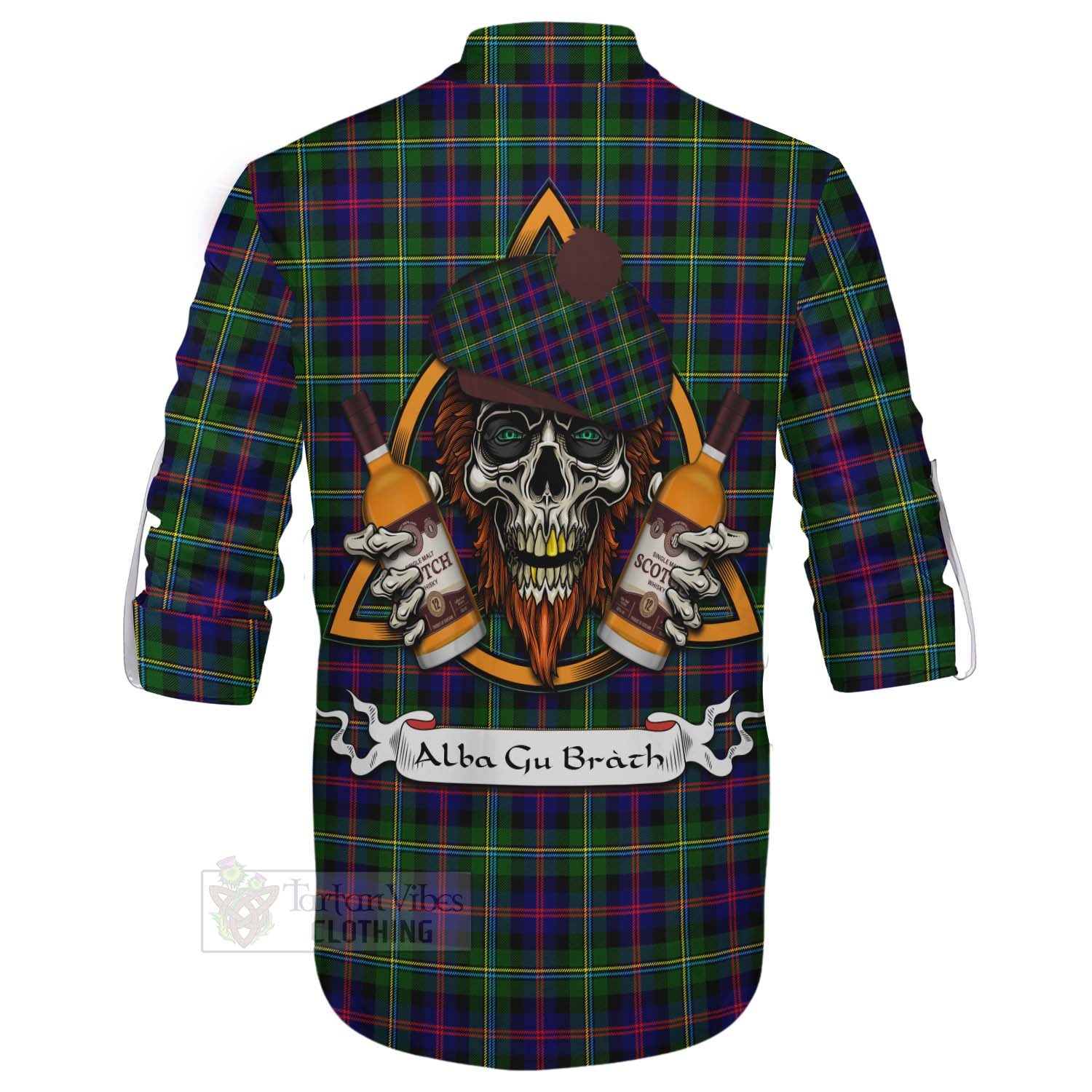 Tartan Vibes Clothing Malcolm Tartan Ghillie Kilt Shirt with Family Crest and Bearded Skull Holding Bottles of Whiskey