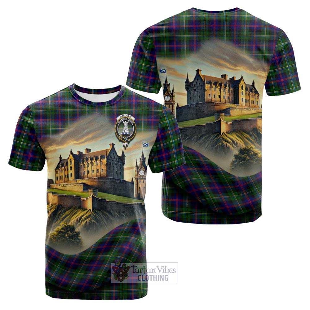 Tartan Vibes Clothing Malcolm Tartan Family Crest Cotton T-shirt with Scottish Ancient Castle Style