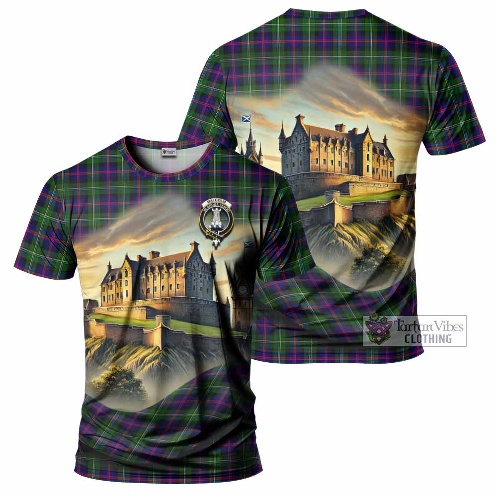 Tartan Vibes Clothing Malcolm Tartan Family Crest T-Shirt with Scottish Ancient Castle Stype