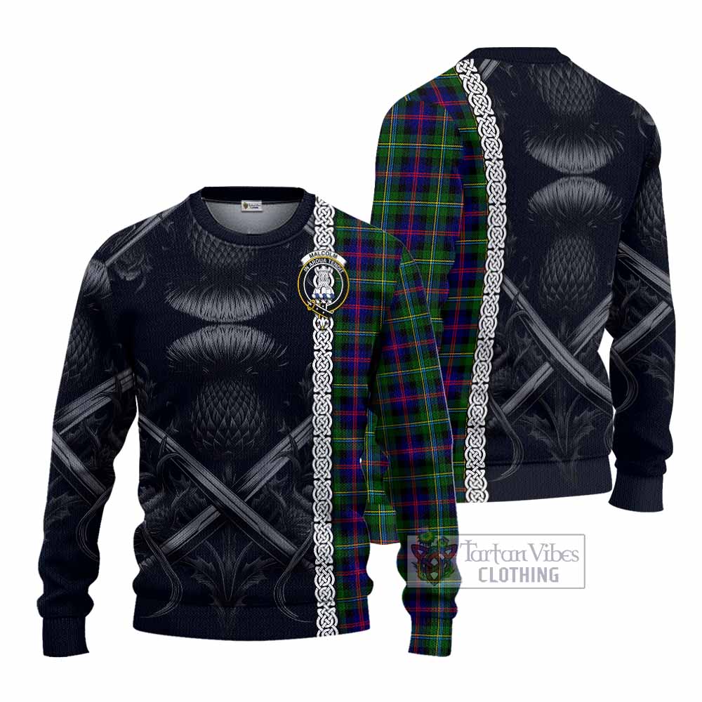 Tartan Vibes Clothing Malcolm Tartan Knitted Sweater with Family Crest Cross Sword Thistle Celtic Vibes