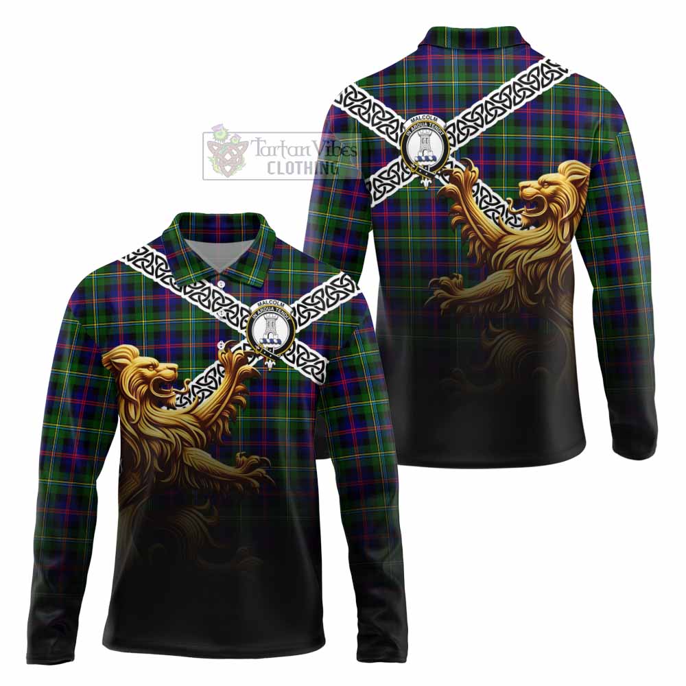 Tartan Vibes Clothing Malcolm Crest Tartan Long Sleeve Polo Shirt with Golden Lion Emblem Celtic Style