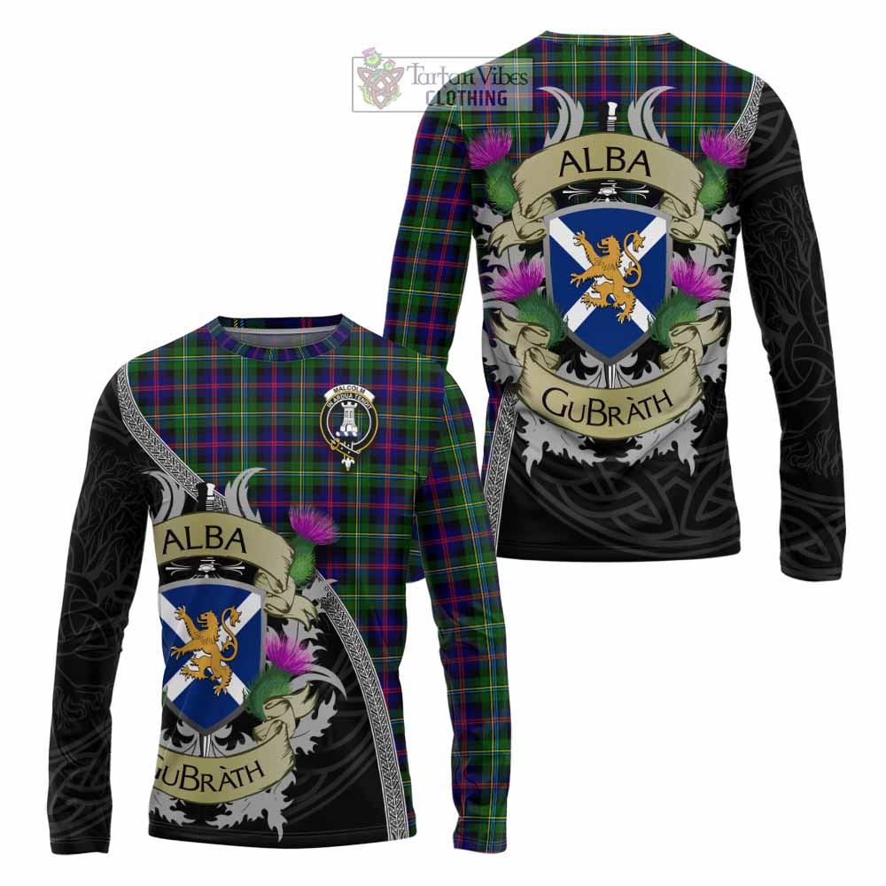 Tartan Vibes Clothing Malcolm Tartan Family Crest Long Sleeve T-Shirt Lion Rampant Royal Thistle Shield Celtic Inspired