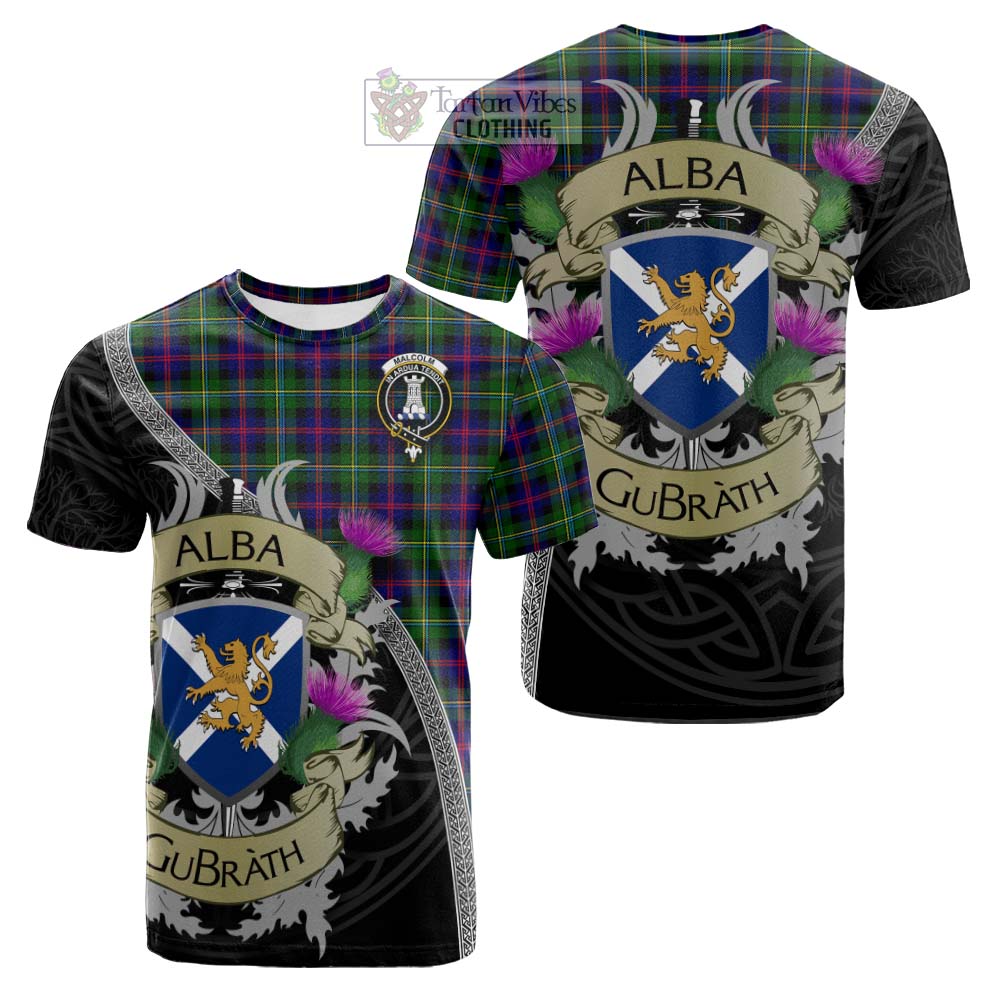 Tartan Vibes Clothing Malcolm Tartan Family Crest Cotton T-shirt Lion Rampant Royal Thistle Shield Celtic Inspired