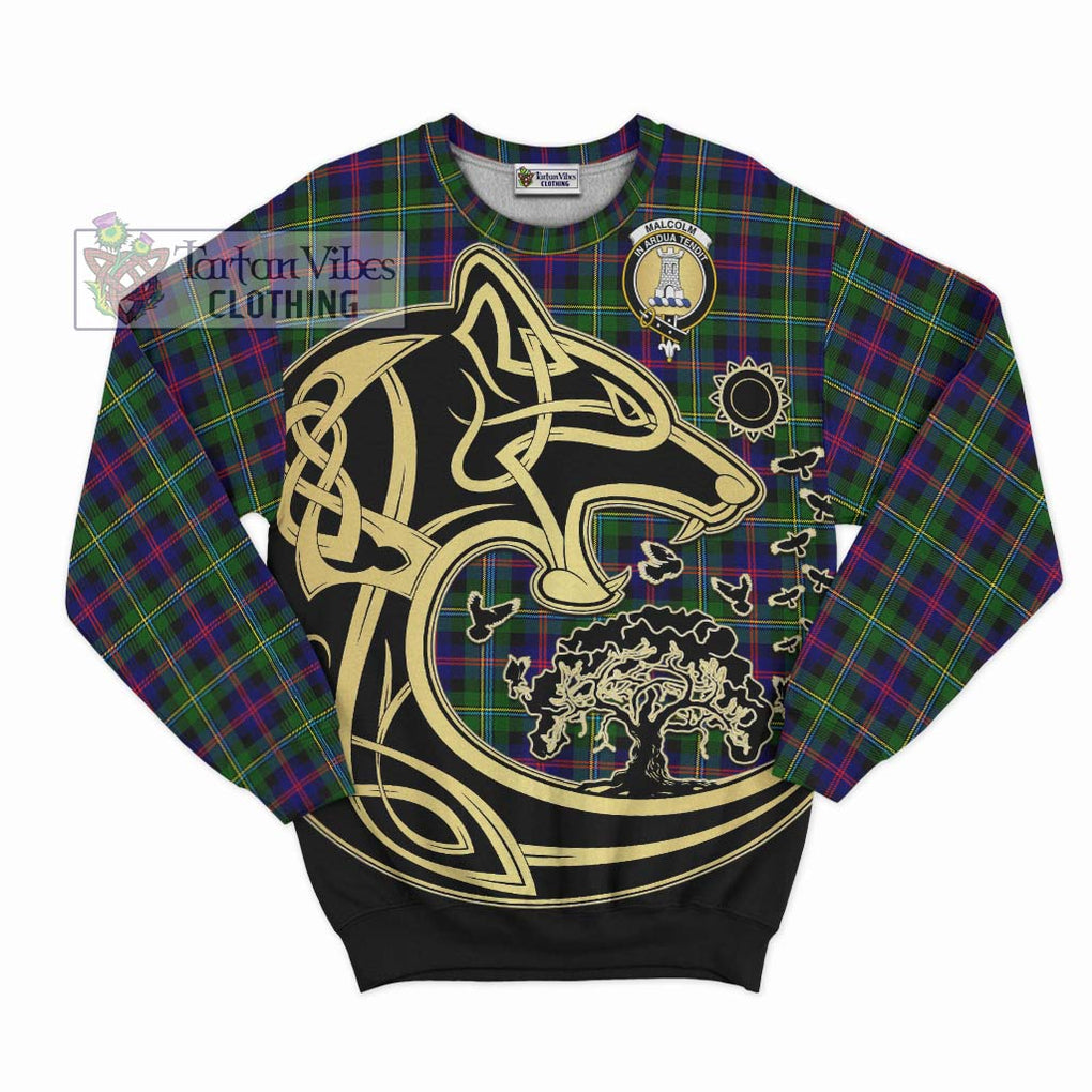 Malcolm Tartan Sweatshirt with Family Crest Celtic Wolf Style - Tartan Vibes Clothing