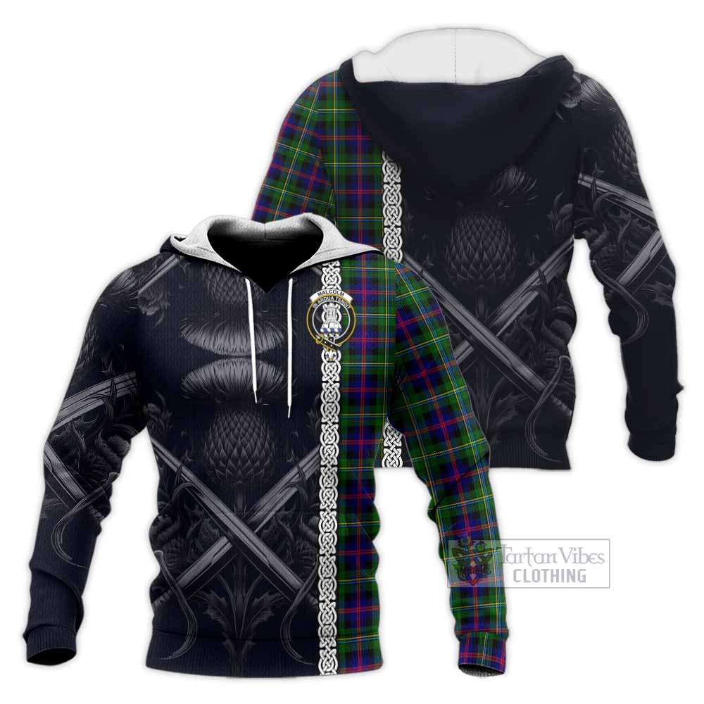 Tartan Vibes Clothing Malcolm Tartan Knitted Hoodie with Family Crest Cross Sword Thistle Celtic Vibes