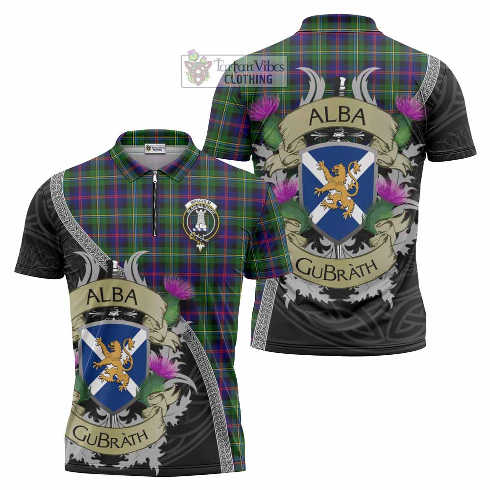 Tartan Vibes Clothing Malcolm Tartan Family Crest Zipper Polo Shirt Lion Rampant Royal Thistle Shield Celtic Inspired