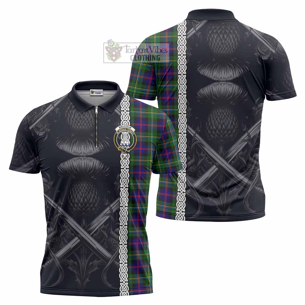Tartan Vibes Clothing Malcolm Tartan Zipper Polo Shirt with Family Crest Cross Sword Thistle Celtic Vibes