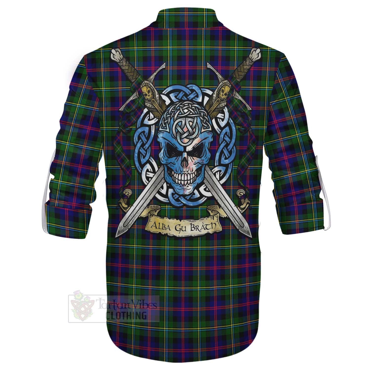 Tartan Vibes Clothing Malcolm Tartan Ghillie Kilt Shirt with Family Crest Celtic Skull Style