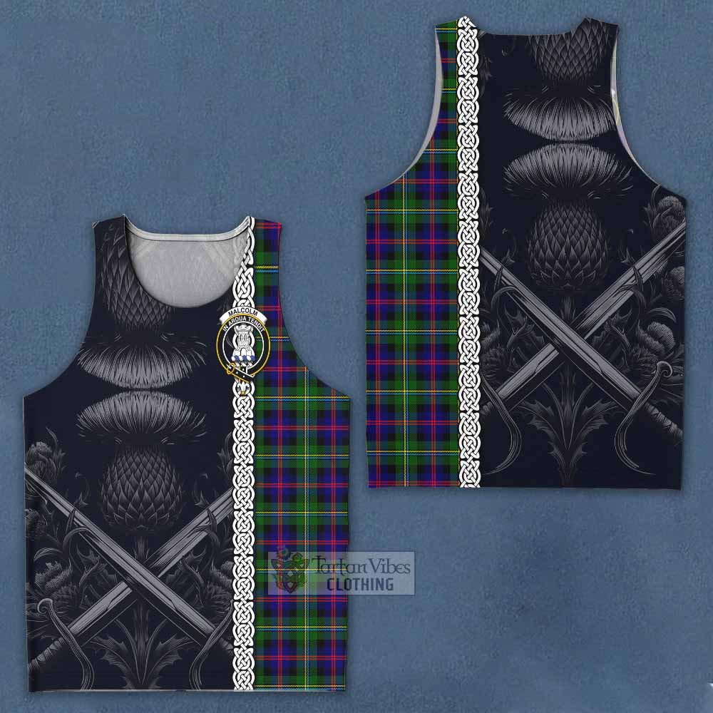 Tartan Vibes Clothing Malcolm Tartan Men's Tank Top with Family Crest Cross Sword Thistle Celtic Vibes