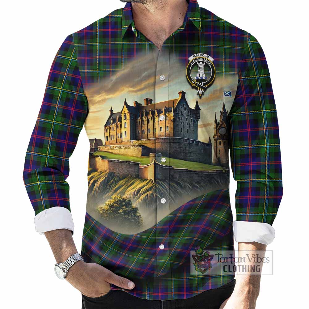 Tartan Vibes Clothing Malcolm Tartan Family Crest Long Sleeve Button Shirt with Scottish Ancient Castle Style