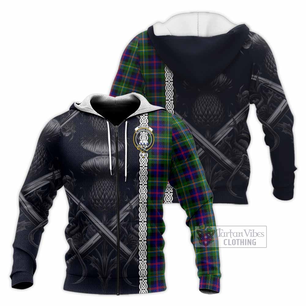 Tartan Vibes Clothing Malcolm Tartan Knitted Hoodie with Family Crest Cross Sword Thistle Celtic Vibes