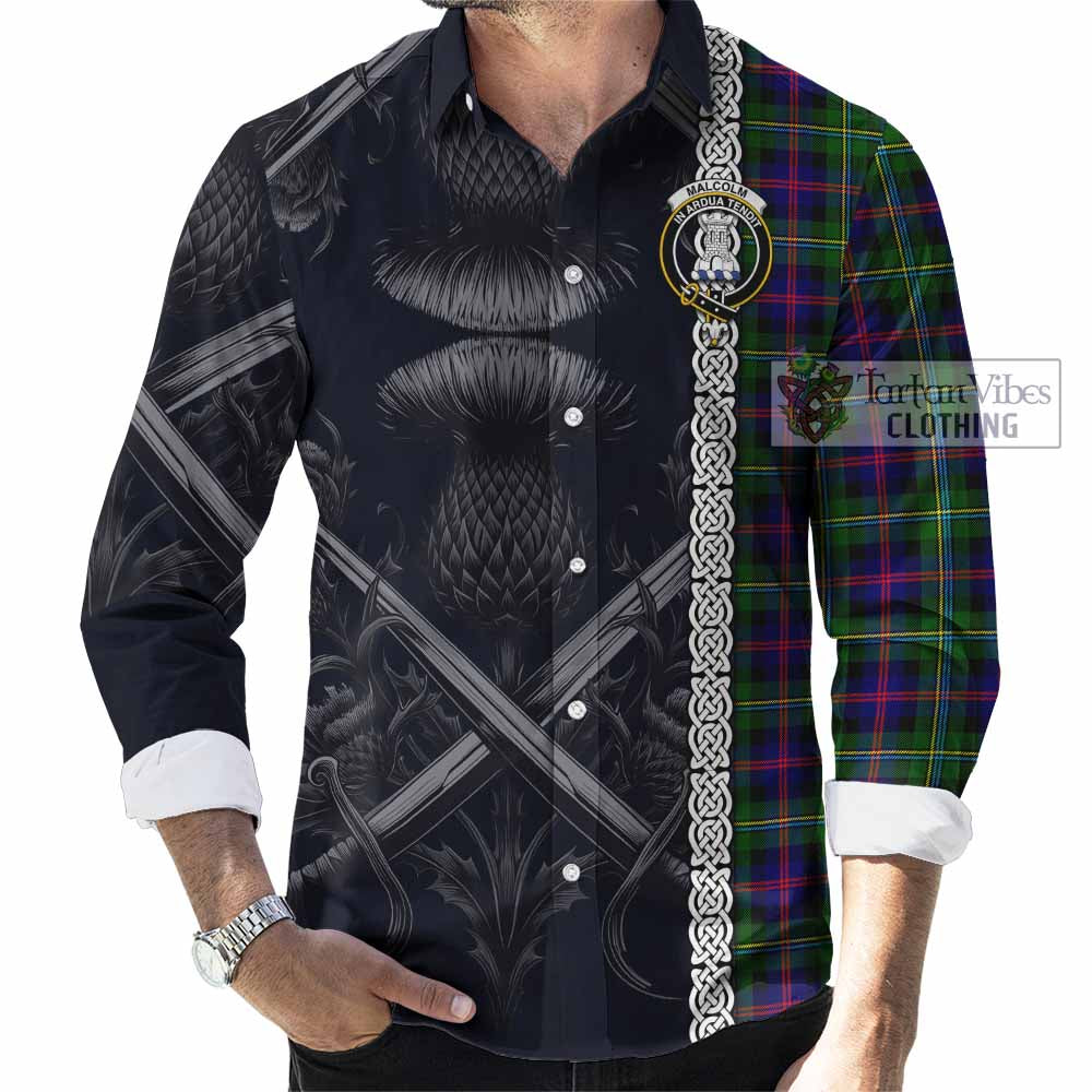 Tartan Vibes Clothing Malcolm Tartan Long Sleeve Button Shirt with Family Crest Cross Sword Thistle Celtic Vibes