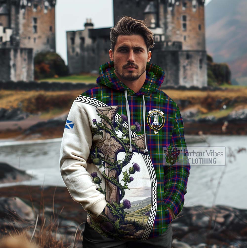Tartan Vibes Clothing Malcolm Tartan Cotton Hoodie with Family Crest and St. Andrew's Cross Accented by Thistle Vines