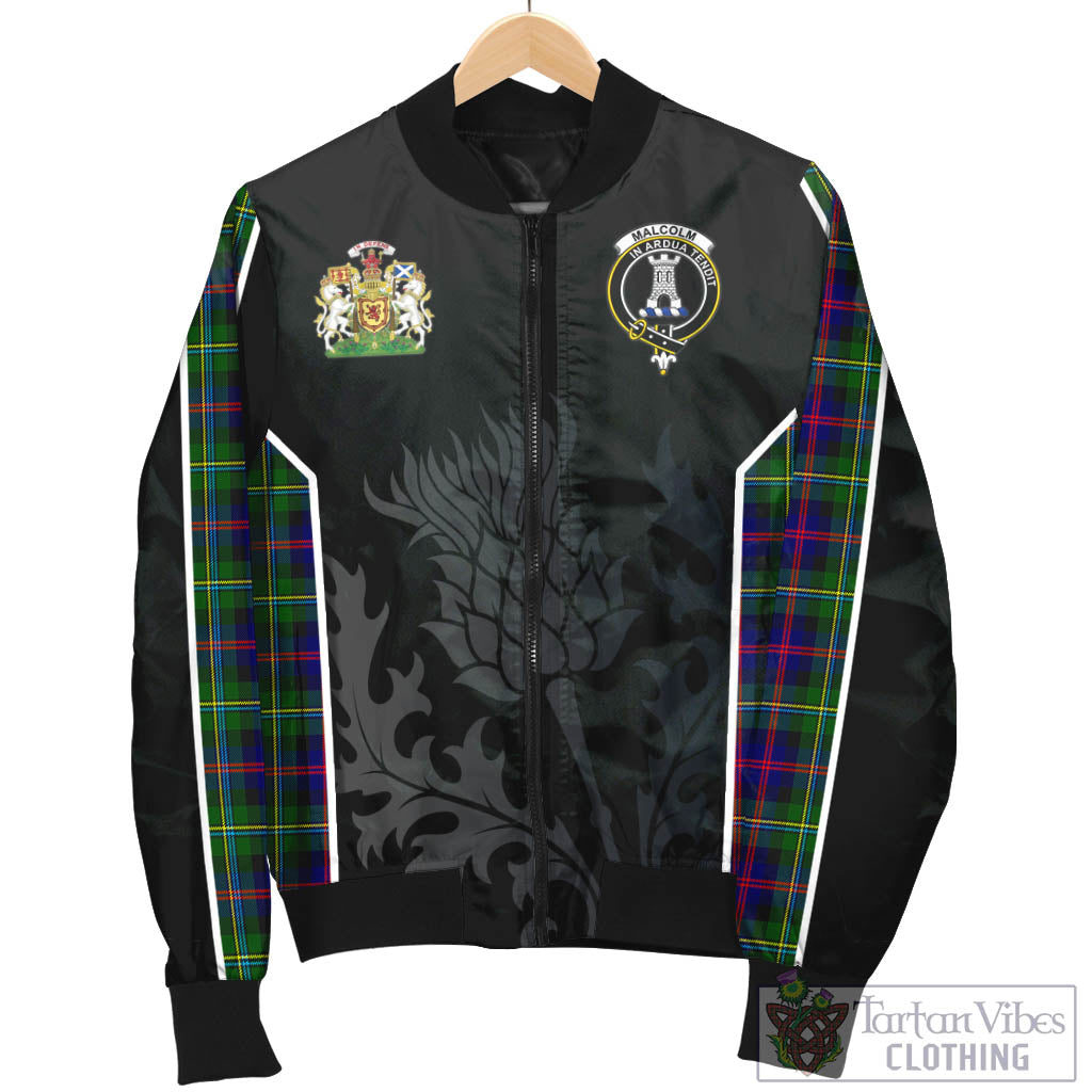Tartan Vibes Clothing Malcolm Tartan Bomber Jacket with Family Crest and Scottish Thistle Vibes Sport Style