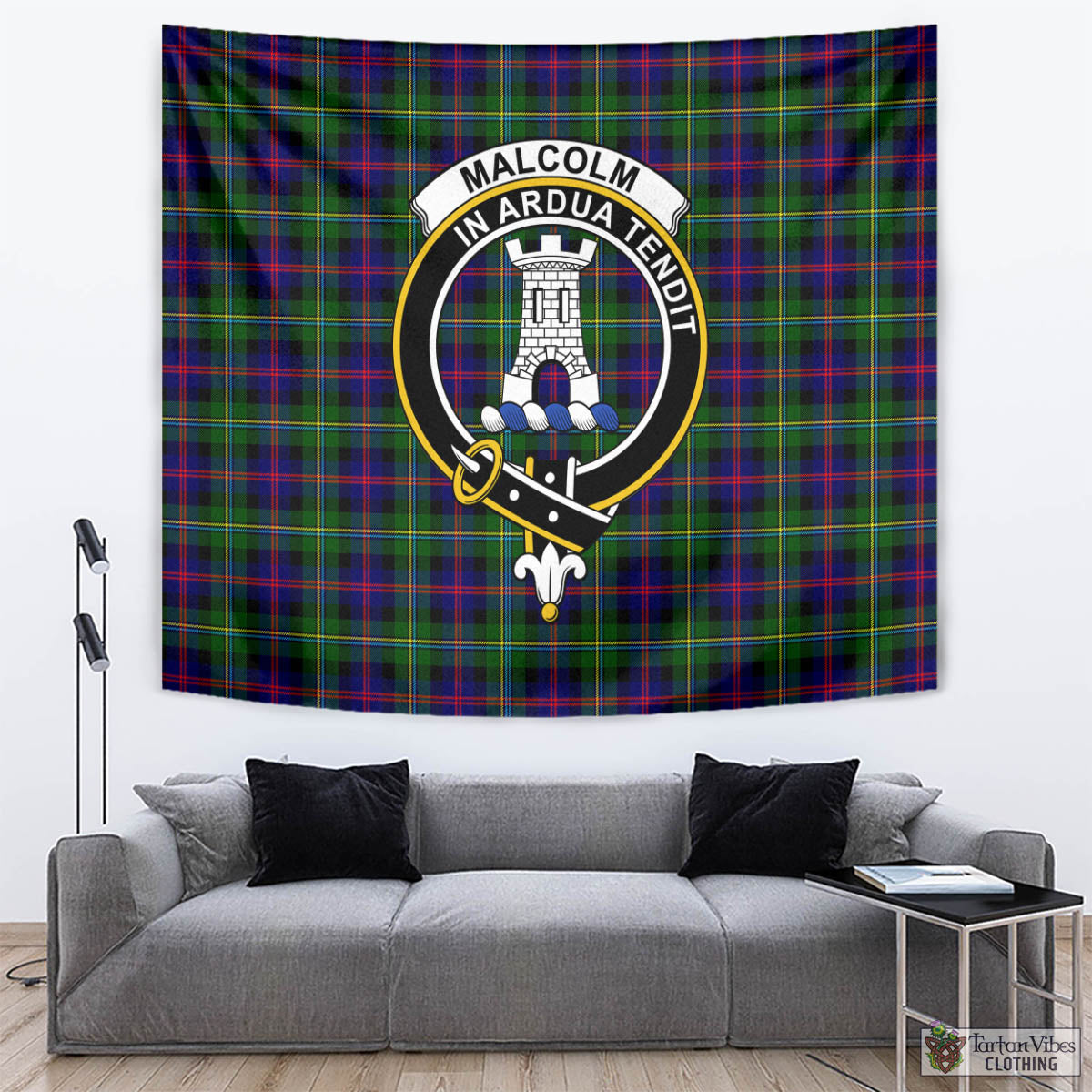 Tartan Vibes Clothing Malcolm Tartan Tapestry Wall Hanging and Home Decor for Room with Family Crest