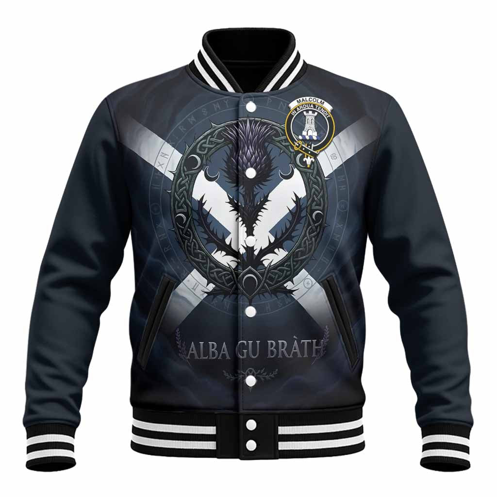 Malcolm Clan Crest Baseball Jacket with Celtic Knot Thistle and Saltire