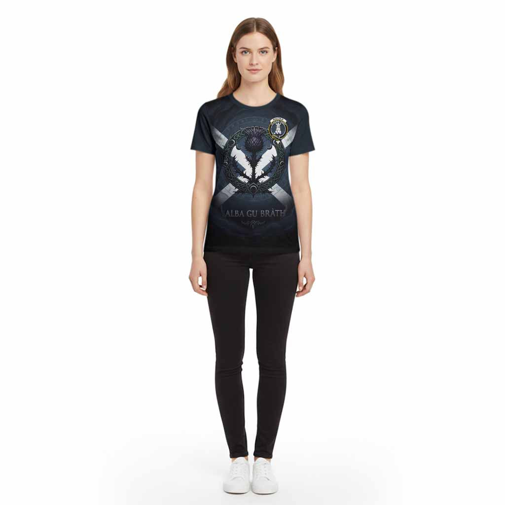 Malcolm Clan Crest Cotton T-shirt with Celtic Knot Thistle and Saltire