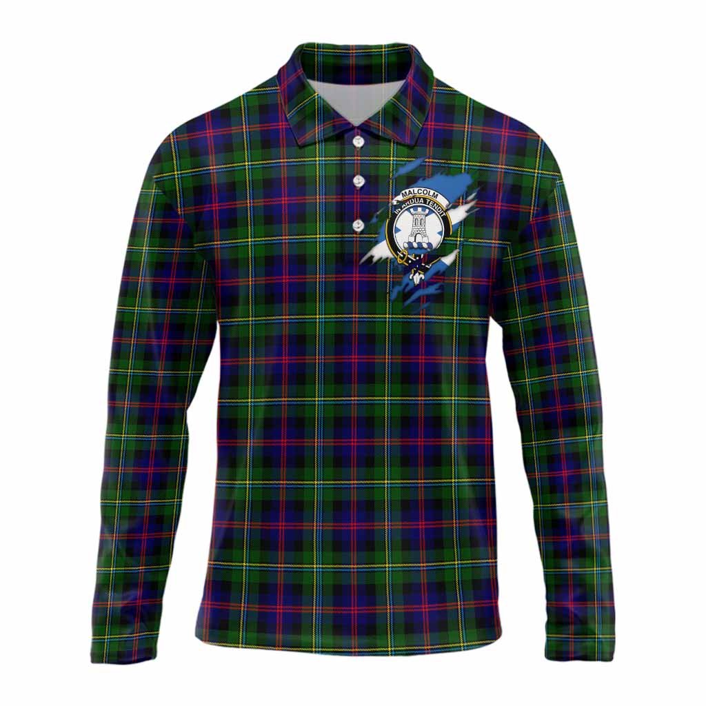 Malcolm Clan Crest In Me Tartan Long Sleeve Polo Shirt Scotland Flag Style