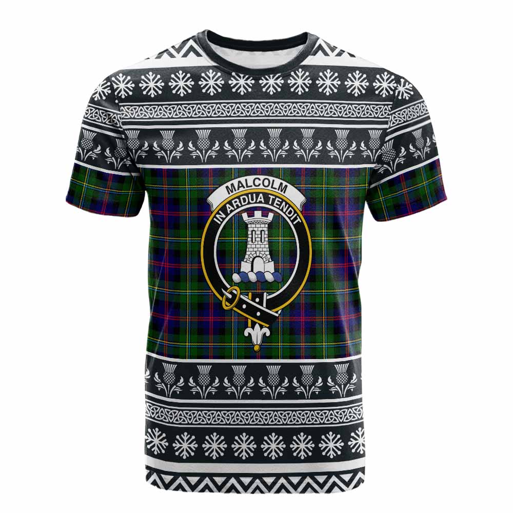 Malcolm Clan Tartan Christmas Cotton T-shirt with Family Crest - Tartan Vibes Clothing