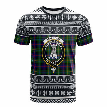 Malcolm Clan Tartan Christmas Cotton T-shirt with Family Crest
