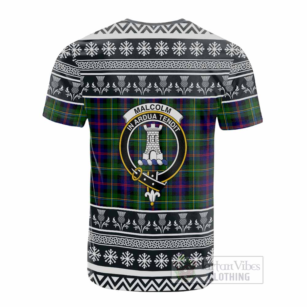 Malcolm Clan Tartan Christmas Cotton T-shirt with Family Crest - Tartan Vibes Clothing